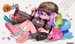  .96_gal_(splatoon) 1girl adjusting_clothes adjusting_hat bangs baseball_cap bean_bag_chair bike_shorts black_dress black_shorts blunt_bangs blunt_ends camouflage_hat cellphone clothes_writing cross-laced_footwear domino_mask dress grey_headwear hat holding holding_weapon inkling inkling_(language) jellyfish_(splatoon) kyuurisoda looking_at_viewer lying mask medium_hair monitor nintendo nintendo_switch on_back open_mouth phone pillow pink_footwear pointy_ears purple_eyes purple_hair shirt shoes short_dress short_sleeves shorts single_vertical_stripe smartphone smile sneakers solo splatoon_(series) splatoon_2 squid tentacle_hair weapon white_shirt 