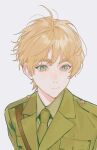  1boy ahoge axis_powers_hetalia belt blonde_hair breast_pocket closed_mouth collared_shirt dress_shirt expressionless floating_hair green_eyes green_jacket green_necktie green_shirt grey_background highres jacket linbeiyx looking_ahead male_focus military_jacket military_uniform necktie plain_epaulettes pocket portrait sam_browne_belt shirt short_hair simple_background solo thick_eyebrows turning_head united_kingdom_(hetalia) very_short_hair 