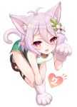  1girl :d animal_ear_fluff animal_ears antenna_hair bangs bare_shoulders blush breasts brown_footwear cat_ears cat_girl cat_tail commentary_request dress eyebrows_visible_through_hair fang flower gloves green_dress hair_between_eyes hair_flower hair_ornament heart highres kemonomimi_mode kokkoro_(princess_connect!) looking_at_viewer open_mouth paw_gloves paws pointy_ears princess_connect! princess_connect!_re:dive purple_eyes purple_hair sandals simple_background sleeveless sleeveless_dress small_breasts smile solo tail tomo_(user_hes4085) white_background white_flower white_gloves 