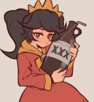  1girl alcohol ashley_(warioware) black_hair bottle brown_background closed_mouth commentary cowboy_shot dress drinking_straw english_commentary fujimna hairband highres holding holding_bottle long_hair long_sleeves looking_at_viewer neckerchief orange_hairband orange_neckerchief red_dress red_eyes simple_background skull_brooch solo twintails warioware 