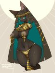  abstract_background accessory ankh anthro big_breasts black_body black_fur blue_eyes breasts circlet clothing crop_top curvaceous curvy_figure domestic_cat egyptian felid feline felis female fur hair hair_accessory hands_behind_back hi_res huge_breasts ineffective_clothing kemono loincloth long_hair looking_at_viewer mammal midriff navel nipple_piercing nipples piercing sasamino shirt slit_pupils solo standing thick_thighs topwear voluptuous wide_hips 