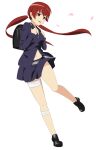  1girl backpack bag bandaged_leg bandages black_bag black_shoes blazer breasts buttons cherry_blossoms commentary_request full_body grey_jacket grey_shirt hair_between_eyes hands_up jack-barro jacket kirigaoka_girls&#039;_academy_school_uniform light_blush light_smile loafers long_hair long_sleeves looking_at_viewer low_twintails medium_breasts miniskirt musujime_awaki navel open_mouth partial_commentary partially_unbuttoned pleated_skirt randoseru red_eyes red_hair school_uniform shirt shoes short_sidelocks simple_background skirt solo standing standing_on_one_leg stomach thighs toaru_majutsu_no_index twintails white_background winter_uniform 