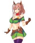  1girl animal_ears bandeau bare_shoulders bra bra_peek breasts brown_gloves brown_hair cleavage colt_single_action_army commentary cosplay cowboy_shot gloves green_bandeau green_bra green_skirt green_sleeves grey_eyes gun hair_between_eyes hair_ornament high_ponytail highres holstered horse_ears kantai_collection large_breasts long_hair looking_at_viewer montemasa navel open_mouth ponytail purple_thighhighs revolver saratoga_(kancolle) sheriff_badge shirt sidelocks simple_background skirt smile solo star_(symbol) star_hair_ornament taiki_shuttle_(umamusume) taiki_shuttle_(umamusume)_(cosplay) thighhighs umamusume underwear weapon white_background 