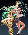  2girls :d animal_print ass bikini blue_eyes breasts brown_eyes brown_hair brown_sweater_vest chutohampa collared_shirt commentary_request cone_horns crossover electricity electrokinesis fang green_hair grey_skirt hair_ornament hairclip highres horns light_blush long_hair looking_at_viewer loose_socks lum medium_breasts miniskirt misaka_mikoto multiple_girls navel oni pleated_skirt pointing pointing_up pointy_ears power_connection print_bikini print_boots school_uniform shirt short_hair short_sleeves shorts shorts_under_skirt simple_background skirt smile socks strapless strapless_bikini summer_uniform sweater_vest swimsuit tiger_print toaru_kagaku_no_railgun toaru_majutsu_no_index tokiwadai_school_uniform urusei_yatsura v-neck very_long_hair white_shirt yellow_bikini yellow_horns 
