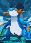  absurdres black_eyes blue_skin closed_mouth cloud cloudy_sky colored_sclera colored_skin commentary grass highres kou11021301 looking_up no_humans orange_sclera outdoors pokemon pokemon_(creature) pokemon_focus puddle rain sky solo standing swampert symbol-only_commentary 