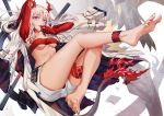  absurdres arknights barefoot body_markings dragon_girl dragon_horns dragon_tail feet highres horns long_hair looking_at_viewer multicolored_hair nian_(arknights) red_bandeau shorts silver_hair soles streaked_hair tail toes white_coat white_shorts xo_(xo17800108) 