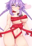  1girl blue_eyes blush braid breasts candy chocolate chocolate_heart dura eyebrows_visible_through_hair food heart highres large_breasts naked_ribbon navel neptune_(series) power_symbol purple_hair purple_heart ribbon smile solo symbol-shaped_pupils twin_braids twintails valentine 
