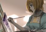  1girl absurdres art_brush arte arte_(character) blonde_hair breasts canvas_(object) closed_mouth collared_shirt concentrating easel from_side green_shirt highres holding holding_paint_palette holding_paintbrush indoors light_particles looking_to_the_side medium_breasts paint_palette paintbrush painting_(action) painting_(object) ponytail profile purple_eyes shirt short_hair short_ponytail short_sleeves solo tomokoeshi 