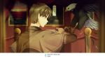  1boy bird blurry blurry_background brown_capelet brown_eyes brown_gloves brown_hair brown_jacket character_name feathers gloves indoors jacket long_sleeves looking_at_viewer magic_kaito male_focus monicanc profile saguru_hakuba shiny shiny_hair solo 