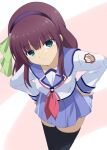  1girl angel_beats! black_hairband black_thighhighs blue_skirt blunt_bangs bow closed_mouth commentary cowboy_shot eyes_visible_through_hair frown green_bow green_eyes hair_bow hairband hands_on_own_hips highres lelie_(lelie_link) light_blush long_sleeves looking_at_viewer medium_hair miniskirt nakamura_yuri neckerchief pink_background pink_neckerchief pleated_skirt purple_hair shinda_sekai_sensen_uniform shirt sidelocks simple_background skirt solo straight_hair thighhighs upturned_eyes white_shirt zettai_ryouiki 