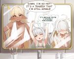  3girls :d ;o ahoge arm_behind_head armpits arms_up aurelia_(mockingeu) blonde_hair blush breasts cleavage collarbone commentary cosmetics damilola_(mockingeu) dark-skinned_female dark_skin divya_(mockingeu) english_commentary english_text facial_mark faucet gradient_hair green_hair hair_between_eyes hair_over_eyes hand_on_own_hip highres holding holding_lipstick_tube large_breasts lipstick_tube long_hair mirror mockingeu multicolored_hair multiple_girls nude one_eye_closed original pointy_ears reflection smile speech_bubble thought_bubble toothbrush towel towel_around_neck very_long_hair white_hair yellow_eyes 