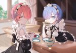  2girls absurdres bangs blue_eyes blue_hair blue_ribbon blush breasts chocolate chocolate_on_face cleavage commentary_request critsu cup detached_sleeves dress food food_on_face frills hair_ornament hair_over_one_eye hair_ribbon highres holding indoors looking_at_viewer maid maid_headdress medium_breasts multiple_girls pink_eyes pink_hair pink_ribbon ram_(re:zero) re:zero_kara_hajimeru_isekai_seikatsu red_eyes rem_(re:zero) ribbon short_hair siblings sisters smile teacup twins x_hair_ornament 
