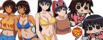  2girls azumanga_daioh azumanga_daioh&#039;s_school_uniform bikini black_eyes black_hair blue_bikini blue_shorts breasts brown_eyes brown_hair brown_shirt brown_skirt chibi chibi_inset jazz_jack kagura_(azumanga_daioh) large_breasts long_hair multiple_girls navel one-piece_tan pink_shirt sakaki_(azumanga_daioh) school_uniform shirt short_hair shorts skirt swimsuit tan tanlines yellow_bikini yellow_shirt 