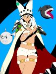  1girl beltbra breasts cape cleavage closed_mouth dark_skin guilty_gear guilty_gear_xrd hat highres long_hair looking_at_viewer orange_eyes ramlethal_valentine short_shorts shorts simple_background thigh_strap underboob white_hair 