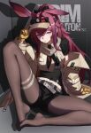  1girl adjusting_clothes adjusting_headwear animal_ears arknights baimu_guai belt belt_buckle black_bow black_necktie black_pantyhose black_shirt black_shorts bow breasts buckle cropped_jacket expressionless gloves grey_belt hair_bow hand_on_ground headlamp highres indoors jacket knee_up long_hair long_sidelocks long_sleeves looking_at_viewer medium_breasts midriff_peek navel necktie off_shoulder on_floor one_side_up pantyhose ponytail purple_eyes purple_hair rabbit_ears rabbit_girl ray_(arknights) shadow shirt short_necktie short_shorts shorts sidelocks sitting solo solo_focus thigh_strap unzipped visor_cap whistle whistle_around_neck white_belt yellow_gloves yellow_jacket 