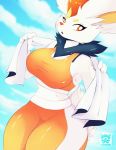  2020 anthro bottomwear breasts cinderace clothing female fur lagomorph mammal nintendo orange_body orange_fur pants pok&eacute;mon pok&eacute;mon_(species) shirt skwidbone solo standing topwear towel video_games white_body white_fur 