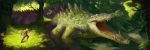  2011 3:1 absurd_res arvalis clothed clothing crocodile crocodilian crocodylid day detailed_background digital_media_(artwork) forest grass hi_res human mammal open_mouth outside reptile scalie teeth tree 