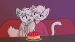  16:9 anthro birthday cake canid canine domestic_cat duo felid feline felis food hi_res hug male mammal mirano_(character) skymafia vatril 