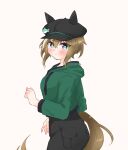  1girl animal_ears black_pants blue_eyes blush brown_hair casual cheval_grand_(umamusume) from_side green_sweater hair_between_eyes hat highres hood hooded_sweater horse_ears horse_girl looking_at_viewer looking_to_the_side multicolored_hair pants sdksdk_34 simple_background solo streaked_hair sweater twitter_username umamusume white_background 