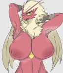  2020 anthro areola big_breasts blaziken blonde_hair blue_eyes bodily_fluids breasts chest_tuft female grey_background hair hi_res inverted_nipples kemono long_hair looking_at_viewer meisaikawaii nervous nintendo nipples pok&eacute;mon pok&eacute;mon_(species) raised_arm red_body red_skin simple_background solo standing sweat talons tuft video_games yellow_sclera 