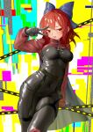  1girl absurdres akatsuki_records black_bodysuit blue_bow bodysuit bow breasts covered_navel cowboy_shot cropped_jacket glitch hair_bow highres jacket leaning_on_object looking_at_viewer medium_breasts medium_hair open_mouth red_eyes red_hair red_jacket rock_'n'_rock_'n'_beat sekibanki skin_tight smile solo touhou v v_over_eye yazato_ichimushi 