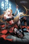  1girl alice_jing bakemonogatari bare_shoulders blonde_hair breasts cleavage commentary_request dress elbow_gloves glint gloves holding holding_sword holding_weapon indoors kiss-shot_acerola-orion_heart-under-blade large_breasts long_hair monogatari_(series) parted_lips pointy_ears red_dress red_eyes sitting strapless strapless_dress sword torn_clothes torn_legwear vampire weapon white_gloves wooden_floor yellow_eyes 