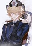  1boy artist_name backpack bag bandage_over_one_eye belt bishounen black_helmet blonde_hair blue_jacket collared_jacket fire_helmet firefighter firefighter_jacket florian_brand grey_background grey_eyes hair_over_one_eye helmet highres holding holding_hose hose identity_v jacket male_focus messy_hair one_eye_covered short_hair smile smoke solo upper_body vidoakdame white_undershirt 