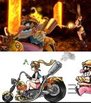  1boy 1girl belt biker_clothes black_shirt blonde_hair blue_shorts blue_skirt breasts brown_hair crop_top cropped_jacket engine facial_hair fingerless_gloves gloves goggles goggles_on_headwear hair_elastic helmet high_ponytail kicdon large_breasts long_hair mario_(series) metroid motor_vehicle motorcycle musical_note mustache orange_belt outie_navel pants pink_nose pink_pants pink_shorts ponytail purple_shoes samus_aran shirt shoes short_shorts shorts skirt sleeveless sleeveless_turtleneck teeth thick_eyebrows turtleneck wario warioware yellow_gloves 