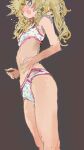  1girl alternate_costume blonde_hair blue_eyes blush bra breasts brown_background commentary_request embarrassed feet_out_of_frame green_nails highres kabuyama_kaigi kasukabe_tsumugi long_hair nervous_smile nose_blush open_mouth panties polka_dot polka_dot_bra polka_dot_panties ponytail simple_background skinny small_breasts smile solo squeans standing training_bra underwear underwear_only voicevox 