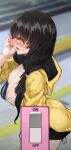  1girl absurdres ass black_hair black_skirt blurry blurry_background blush breasts english_commentary girls_frontline highres hood hooded_jacket jacket large_breasts long_hair looking_to_the_side moonjunk open_mouth phone_wallpaper remote_control_vibrator ro635_(girls_frontline) skirt solo vibrator yellow_eyes yellow_jacket 