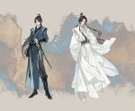  2boys arm_behind_back black_boots black_gloves blue_eyes blue_hanfu boots brown_eyes brown_hair cheng_qian chinese_clothes chinese_commentary closed_mouth flower full_body gloves grey_pants hair_bun hand_on_sheath hanfu high_ponytail highres holding holding_flower huadian liu_yao long_hair long_sleeves looking_at_viewer male_focus multiple_boys official_art pants ponytail sash sheath sheathed single_glove single_hair_bun standing sword tassel weapon white_boots white_hanfu wide_sleeves xiao_guan_(headdress) yan_zhengming yaopei yellow_flower yuanszt-k 