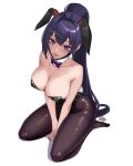  1girl :p absurdres animal_ear_hairband animal_ears black_hairband black_leotard black_mask black_nails black_pantyhose blush bow bowtie breasts cleavage closed_mouth commentary detached_collar fake_animal_ears fingernails goddess_of_victory:_nikke hairband highleg highleg_leotard highres large_breasts leotard long_fingernails long_hair looking_at_viewer mask mask_pull mouth_mask nail_polish no_shoes pantyhose playboy_bunny ponytail purple_bow purple_bowtie purple_eyes purple_hair rabbit_ear_hairband rabbit_ears sagle seiza signature simple_background sin_(nikke) sitting solo strapless strapless_leotard tongue tongue_out variant_set very_long_hair white_background 