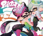  2girls bare_shoulders black_dress black_hair black_jumpsuit blue_pupils bow-shaped_hair callie_(splatoon) callie_(squid_sisters_outfit)_(splatoon) collar cross-shaped_pupils detached_collar dress earrings gloves gradient_hair green_pantyhose grey_hair grin highres inkling jewelry jumpsuit ka1_(k4k37) long_hair looking_at_viewer marie_(splatoon) marie_(squid_sisters_outfit)_(splatoon) medium_hair mole mole_under_eye multicolored_hair multiple_girls one_eye_closed orange_eyes pantyhose pink_hair pink_pantyhose pointy_ears revision short_jumpsuit smile splatoon_(series) strapless strapless_dress swept_bangs symbol-shaped_pupils tentacle_hair thick_eyebrows two-tone_hair white_collar white_gloves 