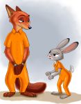  absurd_res anthro barefoot canid canine disney duo eye_contact female fox frustrated fur handcuffed handcuffs hi_res judy_hopps lagomorph larger_male leporid long_ears looking_at_another male mammal nick_wilde open_mouth prison_jumpsuit prison_uniform prisoner rabbit shackles size_difference smaller_female smile zdrer456 zootopia 