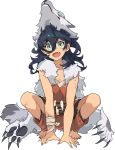  1girl barefoot black_hair claws facepaint fang full_body green_eyes hair_between_eyes karo_(world_flipper) looking_at_viewer messy_hair open_mouth scar smile solo tachi-e transparent_background wolf_pelt world_flipper 
