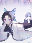  1girl ankle_socks bangs black_hair black_jacket black_legwear black_pants blush butterfly_hair_ornament closed_mouth commentary_request eyebrows_visible_through_hair forehead gradient_hair hair_ornament highres jacket kawajiri_shinobu kimetsu_no_yaiba legs_up long_sleeves looking_at_viewer multicolored_hair open_clothes pants parted_bangs purple_eyes purple_hair shoe_soles shoonia smile solo twitter_username white_footwear wide_sleeves 