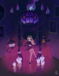  1girl armchair artist_self-insert chair chandelure chuwenjie commentary curtains dark english_commentary facing_viewer floating gen_5_pokemon high_heels indoors litwick looking_at_viewer original pokemon reflection shoes signature sitting window yamask 