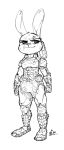  2020 alec8ter anthro armor black_and_white body_armor cheek_tuft clothed clothing crossover disney doom facial_tuft female half-closed_eyes head_tuft hi_res judy_hopps lagomorph leporid mammal monochrome narrowed_eyes rabbit scratch simple_background solo standing tuft video_games white_background zootopia 