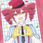  1girl absurdres black_necktie collared_shirt confetti double-parted_bangs drill_hair gloves hair_between_eyes hands_up hat heart heart_hands highres kasane_teto looking_at_viewer mesmerizer_(vocaloid) naomish necktie red_eyes red_hair red_hat shirt short_sleeves sleeves_rolled_up smiley_hat_ornament solo star-shaped_pupils star_(symbol) striped_clothes striped_shirt suspenders symbol-shaped_pupils teeth twin_drills upper_body upper_teeth_only utau yellow_gloves 