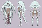  1girl angel_at_dusk arms_at_sides ass breasts carapace claws dark-skinned_female dark_skin flat_color from_behind from_side full_body highres medium_breasts monster_girl multiple_views navel official_art reference_sheet simple_background solo standing tail tentacle_hair toguromaki_kumoyuki 