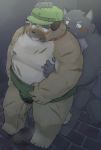  2020 anthro belly blush bodily_fluids brown_body brown_fur canid canine canis chocobibear clothing domestic_dog duo fur genital_fluids hat headgear headwear hug hugging_from_behind humanoid_hands kemono male mammal moobs nipples overweight overweight_male peeing scar sumo tokyo_afterschool_summoners tongue tongue_out urine video_games yasuyori 
