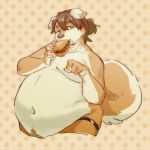  1:1 anthro belly bluecard brown_hair burger canid canine canis claws domestic_dog eating food fur hair holding_food holding_object male mammal moobs mostly_nude navel overweight overweight_male ponytail solo tan_body tan_fur 