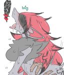  &lt;3 2019 anthro big_breasts blindfold blue_eyes blush bodily_fluids breasts disembodied_hand drooling female female_on_top fingers fur grey_body grey_fur hair hi_res japanese_text kemono long_hair looking_pleasured meisaikawaii nintendo on_top pok&eacute;mon pok&eacute;mon_(species) red_hair saliva sex simple_background solo_focus sweat text tongue tongue_out video_games white_background zoroark 