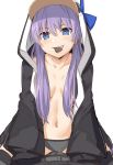  1girl animal_hood bangs bikini black_bikini black_bikini_bottom blue_eyes breasts candy chocolate chocolate_heart choker collarbone eyebrows_visible_through_hair fate/grand_order fate_(series) food grin hair_between_eyes heart hood in_mouth long_hair long_sleeves looking_at_viewer medium_breasts meltryllis meltryllis_(swimsuit_lancer)_(fate) navel no_bra penguin_hood purple_hair ribbon shiseki_hirame simple_background sitting sleeves_past_fingers sleeves_past_wrists smile solo swimsuit very_long_hair white_background 