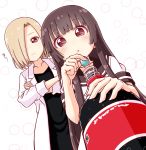  2girls age_difference bangs black_hair blonde_hair coca-cola collarbone crossed_arms eyebrows_visible_through_hair hair_over_one_eye labcoat long_hair matsumoto_rise medium_hair mentos multiple_girls nanamori_school_uniform nishigaki_nana parted_lips pontasu red_eyes school_uniform serafuku smile soda_bottle teacher_and_student translation_request very_long_hair yuru_yuri 