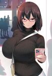  1girl absurdres bag between_breasts black_hair black_sweater blue_eyes bra_visible_through_clothes bralines breasts cellphone glasses hair_between_eyes hand_up hayakawa_mayumi highres holding holding_phone huge_breasts looking_at_phone medium_hair original phone red-framed_eyewear ribbed_sweater semi-rimless_eyewear shiki_(psychedelic_g2) shoulder_bag silhouette smartphone solo_focus strap_between_breasts sweater train_station turtleneck turtleneck_sweater under-rim_eyewear upper_body 