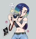  1girl ash_baby_(meme) bare_shoulders black_choker blue_hair bob_cut breasts brown_eyes camera choker collarbone crop_top denim english_commentary english_text gradient_hair grey_shirt highres holding holding_camera jeans johnzuu loose_hair_strand medium_breasts meme midriff multicolored_hair off-shoulder_shirt off_shoulder one_eye_closed pants perrin_(pokemon) photographer pokemon pokemon_sv ribbed_shirt shirt short_hair sleeveless sleeveless_shirt undershirt upper_body v-neck watch wristwatch 