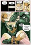 5_fingers anthro blue_eyes bodily_fluids bottomwear canid canine clothing crying dragon duo english_text farin fingers fox geminisaint hi_res hug hugging_another kneeling loincloth male male/male mammal mythological_creature mythological_scalie mythology romantic romantic_couple scalie sekk&#039;ral speech_bubble tears tears_of_joy text waking_up wings