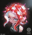  1girl black_bandana black_jacket closed_mouth commentary english_text iria_splash jacket light_frown light_particles looking_at_viewer makeup mascara medium_hair octarian octoling pointy_ears red_hair shiny shiny_hair silver_eyes sleeveless sleeveless_jacket solo sparkle splatoon_(series) suction_cups tentacle_hair twintails upper_body 
