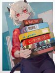  1girl absurdres black_nails commission demon_girl demon_horns demon_tail fingernails helltaker highres holding horns looking_at_viewer malina_(helltaker) nail_polish noah_(tettsui-sole) red_shirt shirt skeb_commission solo tail 